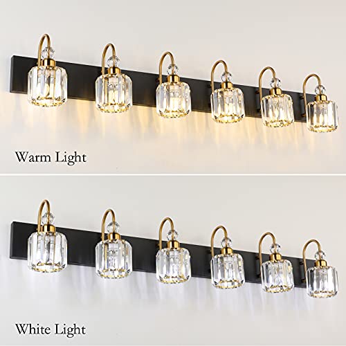 Ralbay Crystal Vanity Lights 6-Lights Modern Crystal Bathroom Vanity Lights Over Long Mirror Modern Black Gold Bathroom Vanity Lighting Fixtures - color: Round-Black+Gold, size: 6-light