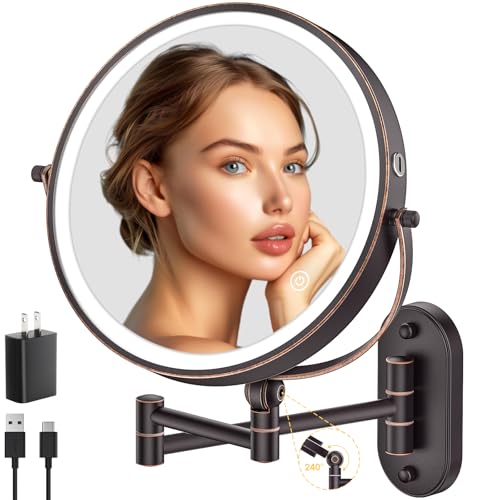 IMIKONA 9" Wall Mounted Lighted Makeup Mirror,4000mAh Rechargeable Double Sided 1X/10X Magnifying Mirror with Light,3 Color Lights,Touch Dimmable,Extended Arm 360 Rotation Wall Mounted Makeup Mirror - color: Bronze