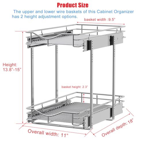 DINDON 2 Tier Pull Out Cabinet Organizer (11" W x 18" D) Heavy-Duty Metal Sliding Drawer Shelf, Two Tier Pull Out Shelves for Kitchen Cabinets, Pantry, Bathroom, Chrome Finish - size: 11" W X 18" D