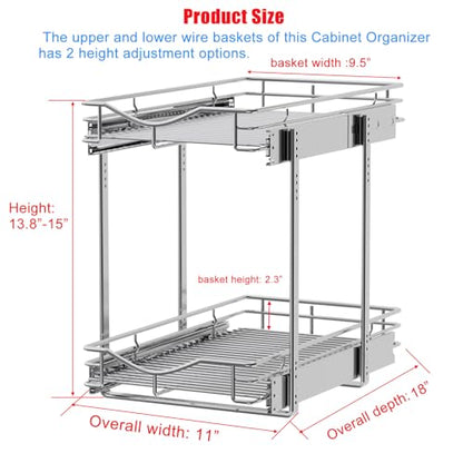 DINDON 2 Tier Pull Out Cabinet Organizer (11" W x 18" D) Heavy-Duty Metal Sliding Drawer Shelf, Two Tier Pull Out Shelves for Kitchen Cabinets, Pantry, Bathroom, Chrome Finish - size: 11" W X 18" D