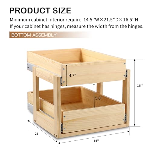 Pull Out Cabinet Organizer, 14''W×21''D×16''H Soft Close Slide Out Wood Drawer Shelves Storage for Kitchen, 2-Tier, Finished, Heavy-Duty, Bottom Assembly - size: 14''W×21''D×16''H