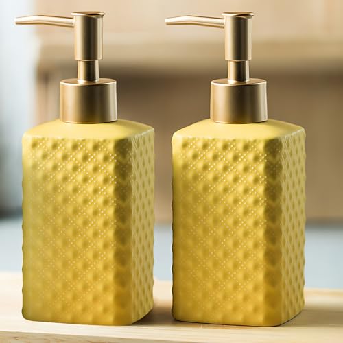 Jessie Bathroom Accessories Set, 3 or 4-Piece Ceramic Bathroom Accessory Set,Soap Dispenser,Toothbrush Holders Set,Tumbler,Soap Dish Embossed Matte Bathroom for Modern Bathrooms (Yellow 4-Piece Suit) - size: Yellow-4 Piece