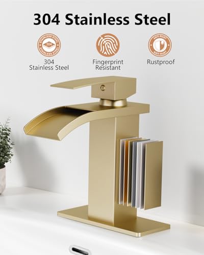 Brushed Gold Waterfall Bathroom Faucet 1-Handle Vanity Faucet | Stainless Steel Modern Bathroom Sink Faucet,Pop-Up Drain, Supply Lines 6-in Deck Plate, 1- or 3-Hole, NSF Certified - color: Light Gold