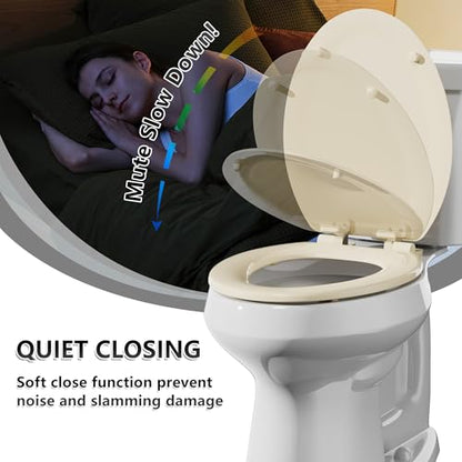 Angol Shiold Quiet-Close Molded Wood Toilet Seat with Non-Slip Adjustable Hinges, Anti-Pinch Bumpers, Easy Install & Clean（Bone, Elongated 18.5''） - color: Bone, size: Elongated 18.5‘’