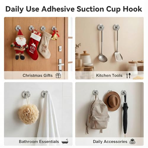 Suction Cup Wreath Hangers for Front Door Glass, Heavy Duty Vacuum Holder with Extended Hook, Washable Reusable Towel Hooks for Bathroom Shower, Silver 2 Pack Stainless Steel - color: Silver
