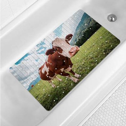 Rustic Bathtub Mat Non Slip for Kids Bath Tub Shower Mat Non-Slip Farmhouse Cute Cow Bath Mat for Tub Bathtub Mats with Suction Cups and Drain Holes Bathroom Soft Showermat 15"x27",Cute Cow - color: Cute Cow