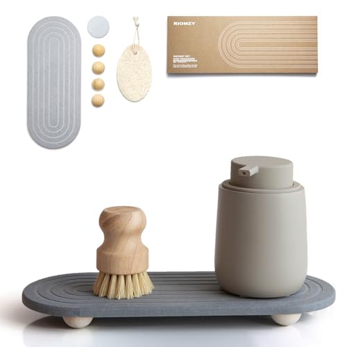 Instant Dry Sink Caddy Organizer – Water Absorbing Stone Tray for Kitchen Bathroom Countertop, Fast Drying Sink Caddy (with Wooden Feet and Natural Loofah, Gray) - color: Gray