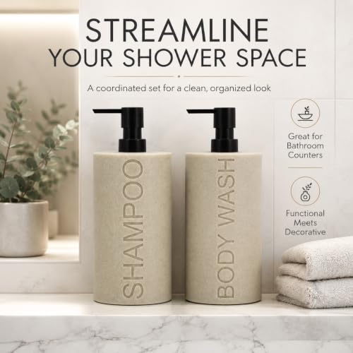 Resin 2 Pack Shampoo, Conditioner or Body Wash Dispenser Set, Luxurious Refillable Pump Bottles with Matte Pump Top and Embossed Text, Durable Design for Bathroom and Shower - color: Tan Shampoo & Body Wash