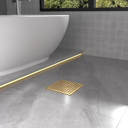 6 Inch Brushed Gold Square Shower Drain with Removable Grate | AISI 304 Stainless Steel Shower Drain, Shower Floor Drain with Hair Catcher & ABS Flange, Fits Bathroom & Balcony etc - color: Brushed Gold, size: 6 in