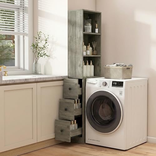 ARTETHYS Tall Slim Bathroom Storage Cabinet with 3 Adjustable Shelves Gray | Slim Free Standing Space Saver Organizer for Living Room Kitchen, 3 Drawers - color: Grey