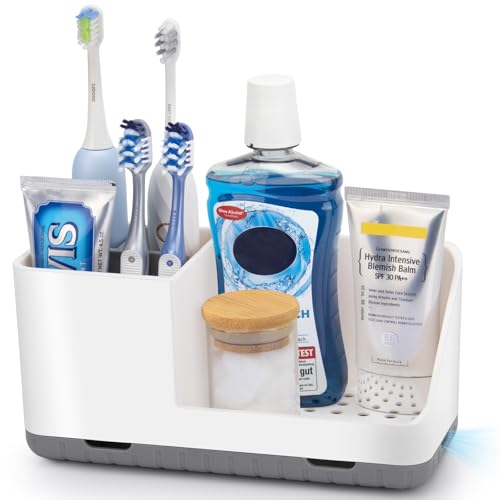 Toothbrush Holders for Bathrooms, Toothbrush and Toothpaste Holder (Grey) | Easy To Clean, Drainage, Non-Slip, Detachable, Kids Electric Toothbrush Organizer for Bathrooms Countertop Organizer - color: Grey