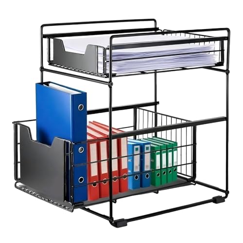 2 Tier Under Sink Organizer,Slide Out Kitchen Cabinet Organizer,Pull Out Pantry Storage with 2 baskets, Office Supplies,Kitchen,Bathroom Organizer with Sliding Drawer,Large Capacity,Multi-Use