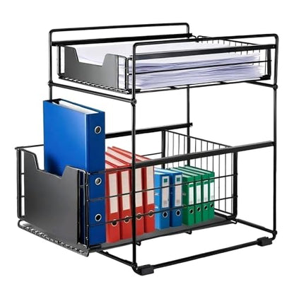 2 Tier Under Sink Organizer,Slide Out Kitchen Cabinet Organizer,Pull Out Pantry Storage with 2 baskets, Office Supplies,Kitchen,Bathroom Organizer with Sliding Drawer,Large Capacity,Multi-Use
