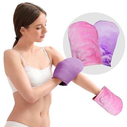 EcoSol Designs - Microfiber Mittens, Ultra-Soft Body Exfoliator Lathering and General Cleaning Dusting Must-Have, Thick Exfoliant Glove 2-Pack with Hanging Loops, Pink and Lavender, 6 x 9 inches Each - color: Mittens - Pink, Lavender