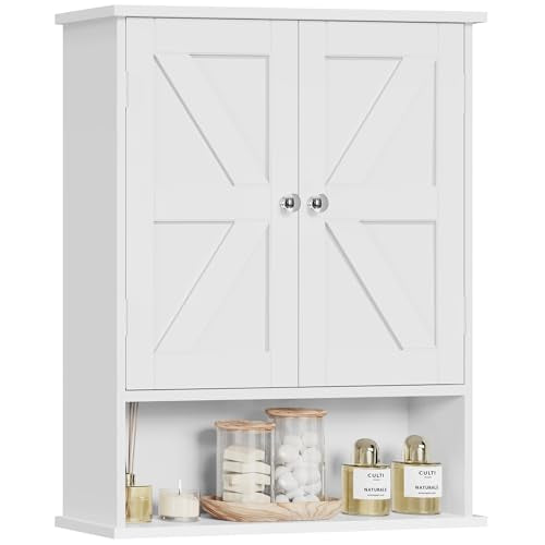 TEENFON Bathroom Wall Cabinet, Over The Toilet Space Saver Storage with Barn Doors & Adjustable Shelf, Hanging Medicine Cabinet, White 7.1" D x 15.4" W x 19.3" H - color: White, size: 7.1"D x 15.4"W x 19.3"H