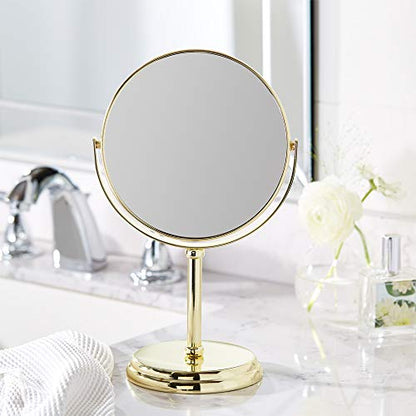 Amazon Basics 360° Rotation Double Sided Vanity Mirror, 1X/5X Magnification, Tabletop Mount, Iron Frame, 7.2"L x 4.92"W, Gold