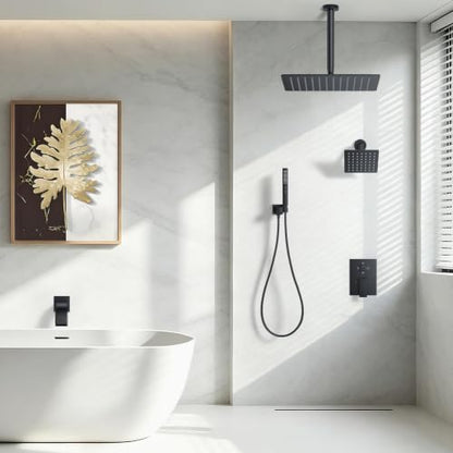 Matte Black Rainfall Shower System – Complete Spa Faucet Set with Handheld Sprayer & Mixer Valve – Tub Spout High Pressure Bathroom Fixture Trim Kit - color: Matte Black, size: 6''+12''+Bathtub Faucet