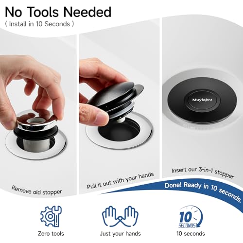1.4"-2.6" Flip-Cover Bathtub Drain Stopper, 2 Strainers（1,Black） | Flush-fit tool-free drain hair catcher, no springs, rustproof. Press to seal/drain, stops puddles. Durable - color: Flip Black