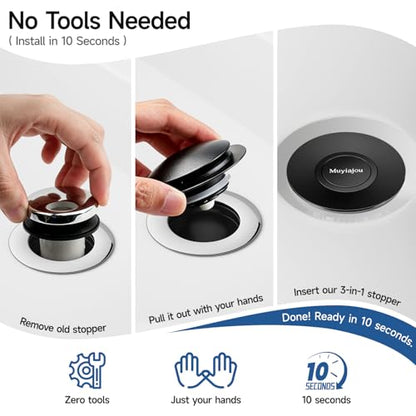 1.4"-2.6" Flip-Cover Bathtub Drain Stopper, 2 Strainers（1,Black） | Flush-fit tool-free drain hair catcher, no springs, rustproof. Press to seal/drain, stops puddles. Durable - color: Flip Black
