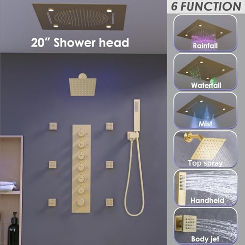 Enga Luxury Dual Shower Head System with Body Jets LED Thermostatic Shower System with 6 inch Wall Shower, 20-Inch 3 Function Shower Head (Rainfall & Mist & Waterfall), Brushed Gold - color: Brushed Gold, style: 20" Head (Rain + Mist+Waterfall) - 6" Head+