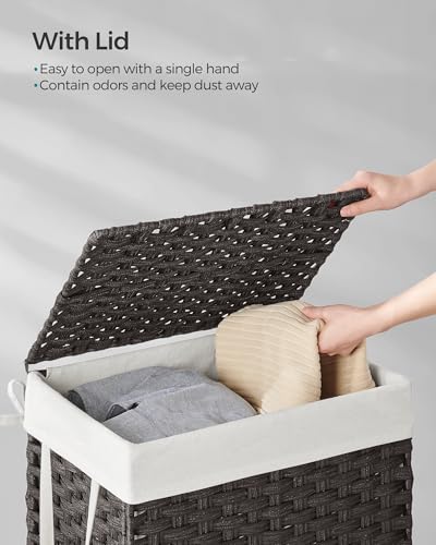 SONGMICS Laundry Hamper with Lid, 23.8 Gallon (90 L) Synthetic Rattan Clothes Laundry Basket with Lid and Handles, Foldable, Removable Liner, Black ULCB51BK - color: Black, size: 90 L
