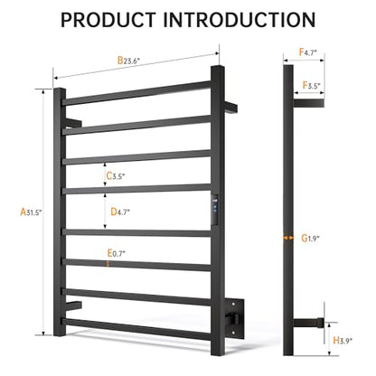 Towel Warmer Rack, Heated Towel Racks for Bathroom, Wall Mounted Towel Warmer, Stainless Steel 8-Bars Drying Rack with Intelligent Touch Screen Timer, Matte Black