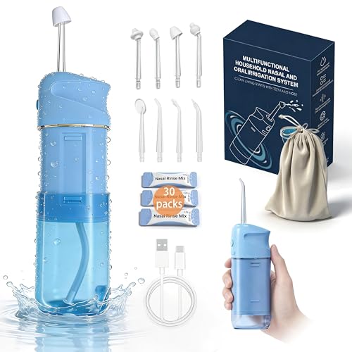 PATO Nasal and Oral Dual-Function Irrigation System, Blue | 8 Nozzles, 30 Packs of Salt Packets, Relieves Sinus Problems, Dual Care for Mouth and Nose - color: Blue