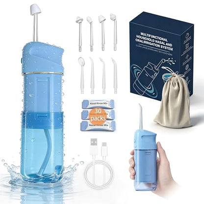 PATO Nasal and Oral Dual-Function Irrigation System, Blue | 8 Nozzles, 30 Packs of Salt Packets, Relieves Sinus Problems, Dual Care for Mouth and Nose - color: Blue