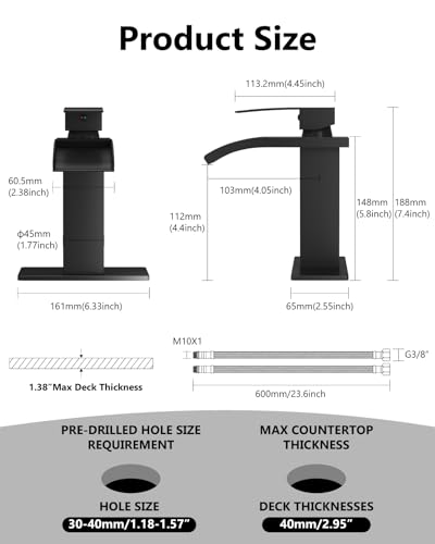 Matte Black Waterfall Bathroom Faucet 1-Handle Vanity Faucet | Stainless Steel Modern Bathroom Sink Faucet,Pop-Up Drain, Supply Lines 6-in Deck Plate, 1- or 3-Hole, NSF Certified - color: Black