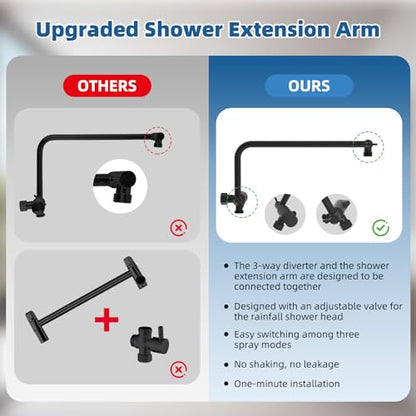 12" Metal Rainfall Shower Head with 10-Mode Handheld, Matteblack | NSF/ANSI/CAN 372 Certified, High Pressure Showerhead Combo with 11" Adjustable Shower Arm, 71" Hose, Shower Head Holder - color: Matte Black, style: Square 12"