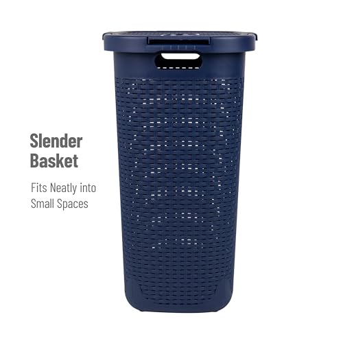 Mind Reader Slim Laundry Hamper with Lid, 60L Tall Clothes Basket, Narrow Tapered Design for Bathrooms, Closets and Laundry Rooms, Plastic, Navy - color: Navy, size: 1 Piece
