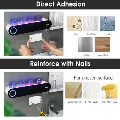 iHave UV Toothbrush Sanitizer Holder Wall Mount Toothpaste Dispenser, 4-Cup | Auto-Cycle Disinfection Toothbrush Holders for Bathrooms with UV Toothbrush Sanitizer & Toothpaste Dispenser, Breathing Light - color: Uv Black 4 Cups