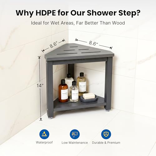 Shower Foot Rest 14in, HDPE Waterproof Corner Shower Stool for Shaving Legs with Storage Shelf for Inside Small Shower Spaces, Bathroom Step Stool, Easy Assembly