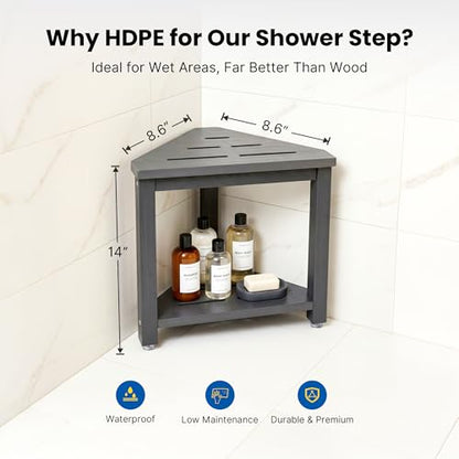 Shower Foot Rest 14in, HDPE Waterproof Corner Shower Stool for Shaving Legs with Storage Shelf for Inside Small Shower Spaces, Bathroom Step Stool, Easy Assembly