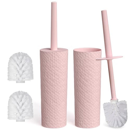 Topsky 2 Pack Compact Toilet Brush & Holder Set, Plastic Round Barrel Loo Brush with 2 Replacement Toilet Brush Head, Durable for Bathroom Toilet, Pink - color: Pink