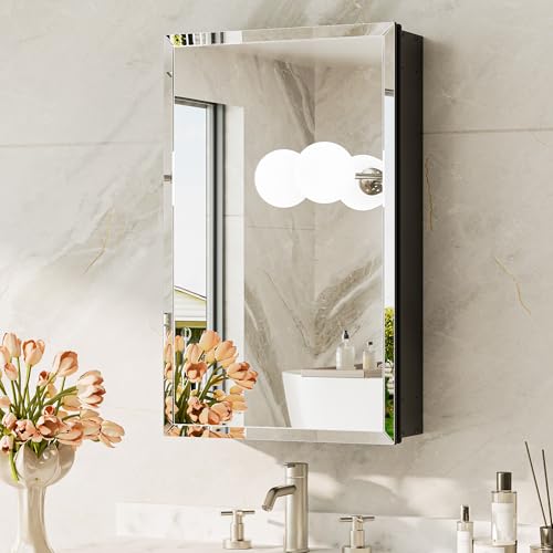 14 x 24 Medicine Cabinet with Mirror, Assembly Required, Black Recessed Bathroom Medicine Cabinet with Tempered Beveled Mirror, Stepless Adjustable Shelves, DTC Hinge - color: Black, size: 14x24 in