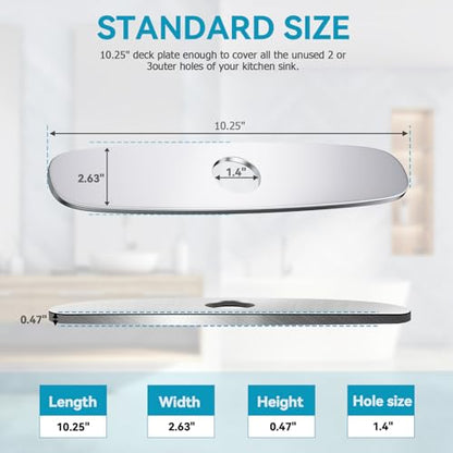 10" Kitchen Sink Deck Plate, Faucet Hole Cover, 8" Widespread, 1 or 3 Hole, 304 SS | MAYYAYA Brushed Chrome 304 stainless deck plate escutcheon; foam gasket; secures with faucet's own hardware, no extra nuts - color: Chrome