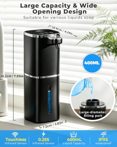 Automatic Soap Dispenser, USB Rechargeable, Touchless & Wall/Tabletop | 13.5oz/400mL, 9-Level Adjustable, IPX5 Waterproof，Compatible with Thick Thin Dish Soap for Kitchen Bathroom, Black - color: Black, style: Liquid