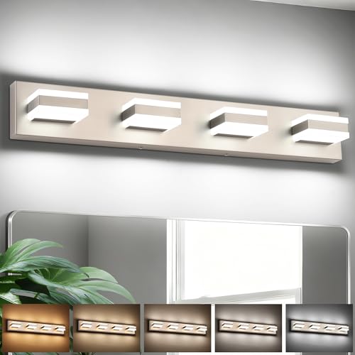 SOLFART Bathroom Light Fixtures Brushed Nickel Vanity Lights for Bathroom Above Mirror, 4 Light Led Lighting Fixture, Nickel Vanity Light,5 Color Temperature Adjustable Light Over Mirror ETL Listed - color: Brushed Nickel-5 Color Adjustable & 100%-0% Dimm