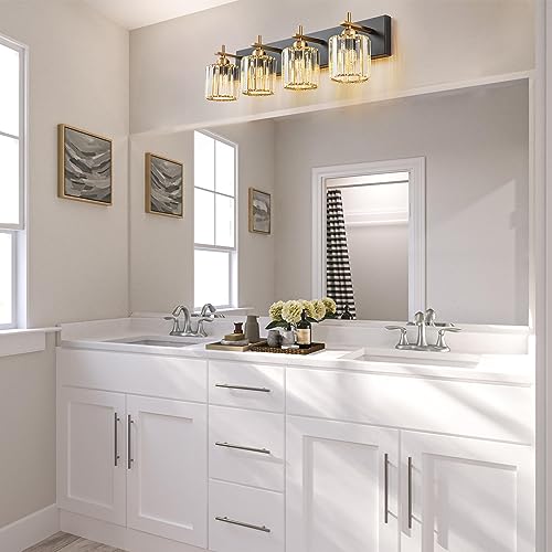 Black Gold Crystal Bathroom Vanity Light, Modern 4-Lights Bathroom Light Fixtures Over Mirror, Crystal Wall Lighting with Polished Gold Finish - color: Black Gold-Round Shade, size: 4-Light