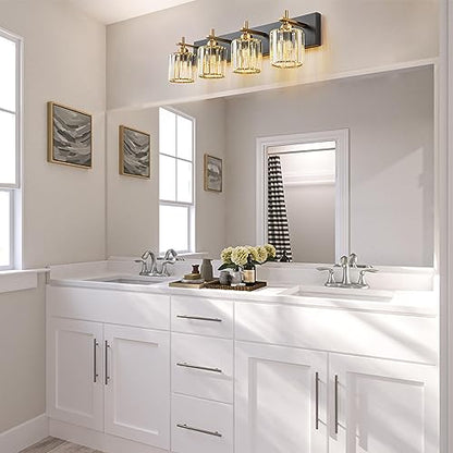 Black Gold Crystal Bathroom Vanity Light, Modern 4-Lights Bathroom Light Fixtures Over Mirror, Crystal Wall Lighting with Polished Gold Finish - color: Black Gold-Round Shade, size: 4-Light