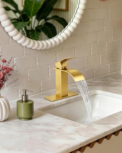 Waterfall Single Handle Bathroom Sink Faucet with Drain Gold | Brushed Gold Vanity Faucet with Pop-up Drain, Ceramic Valve, for 1 or 3 Hole Modern Bathrooms. - color: Gold