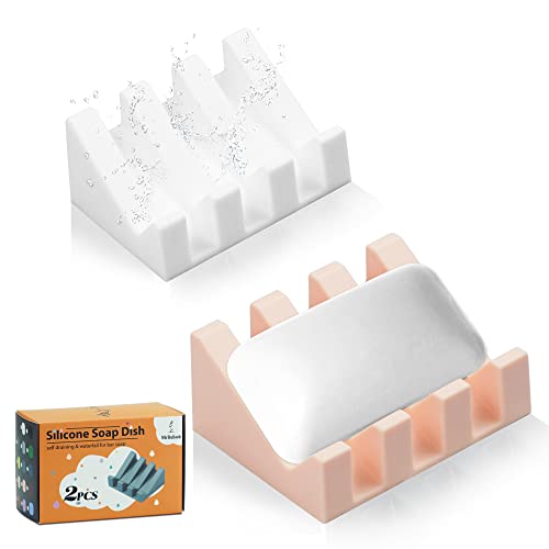 Self Draining Silicone Soap Dish Holder Waterfall Tray, 2 Pack White Pink | Waterfall design drains fast to keep soap dry, non-slip silicone base anti slide, soap saver for bathroom & kitchen - color: White-pink, size: 2