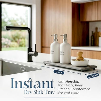 4-Piece Stone Sink Splash Guard Set – Absorbent Diatomite Kitchen Sink Mat with Faucet Cutout, Heat Resistant Stone Drying Mat, Non-Slip Trivet & Splash Guard