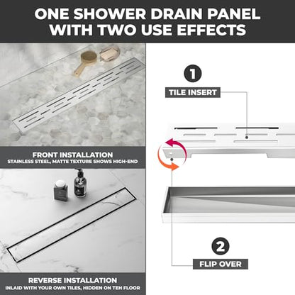 24 Inch Linear Shower Drain - Removable Brick Pattern Grate | 304 Stainless Steel Rectangular Floor Drain Set with Hair Catcher, Adjustable Leveling Feet & Adapter - color: Brushed Nickel With Grate, size: 24 Inch