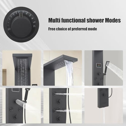 6-in-1 LED Shower Panel Tower System with 8 Adjustable Body Jets, Rainfall & Waterfall Shower, Smart Temperature Display, 59" Hose, Brushed Gold Stainless Steel, Wall Mounted (Black) - color: Black