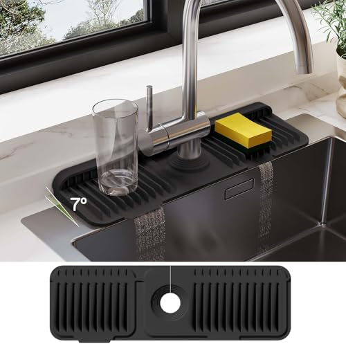 18 Inch Silicone Faucet Mat for Kitchen Sink Splash Guard – 2025 Upgraded Draining Mat with Water Tray Behind Faucet – Countertop Protectors to Catch Spills (Black, 17.7" x 5.5") - color: Black, size: 17.7" x 5.5"
