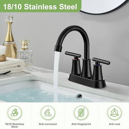 Herogo Matte Black Bathroom Sink Faucet for 3 Holes, 4 Inch Centerset Bathroom Faucet 2-Handle with Pop-Up Drain & Supply Hoses, 18/10 Stainless Steel, for RV Vanity Lavatory - color: Matte Black, style: Cylindrical Handles