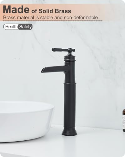 Tall Bathroom Faucet Waterfall, Brass Bathroom Faucets Black Vessel Sink Faucet, Single Handle Bathroom Sink Faucet 1 Hole with Pop-Up Drain & Supply Water Hoses for Hotels Classic No Noise - color: Matte Black - Modern