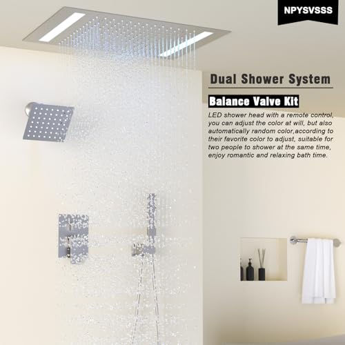 Rain Shower Head System with 14x20 Inch Ceiling Mount LED Head & 6 Inch Wall Head and Handheld Shower 3 Way Pressure Balance Valve Kit,Brushed Nickel - color: Brushed Nickel, style: 14x20 inch+6inch